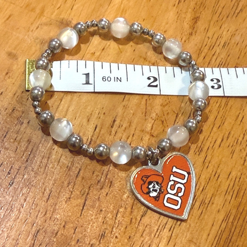 Oklahoma State University OSU Cowboys Pistol Pete Heart Beaded Stretch Bracelet